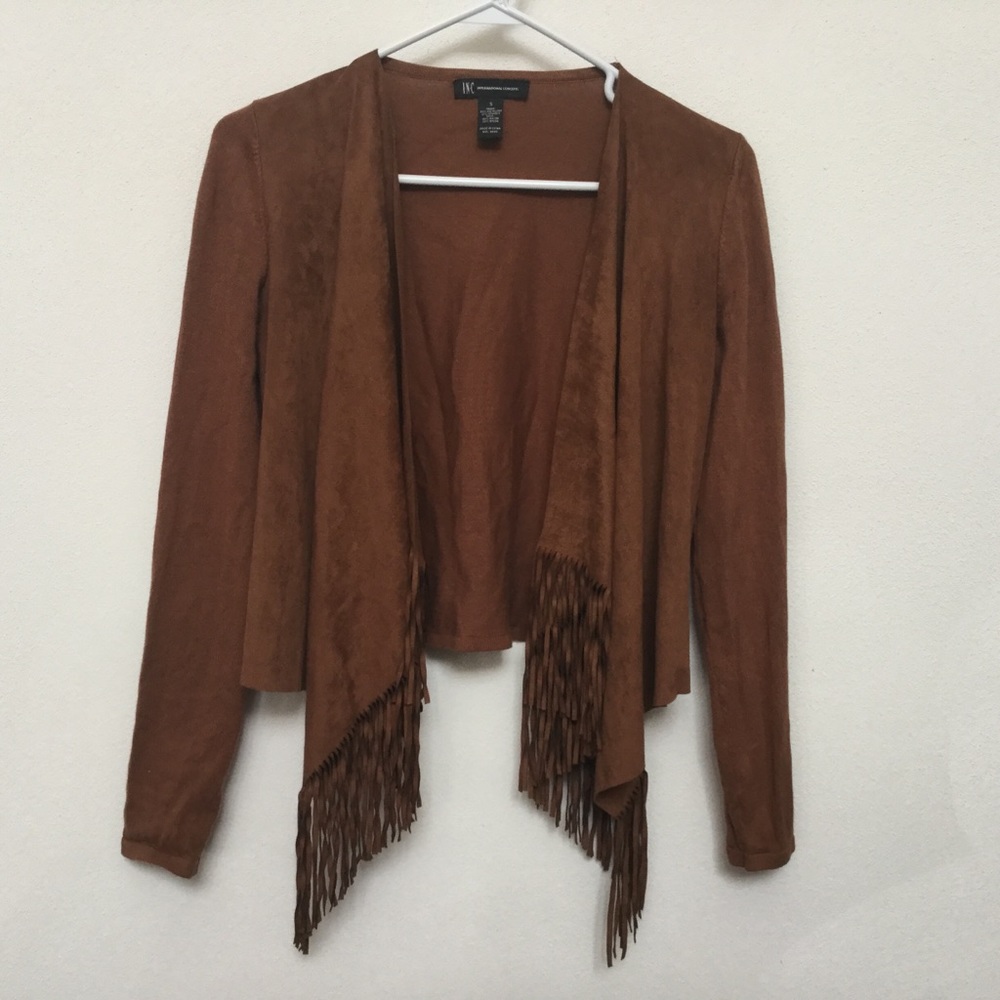 INC Brown Fringe Western Faux Suede Open Front Cropped Cardigan Size Small